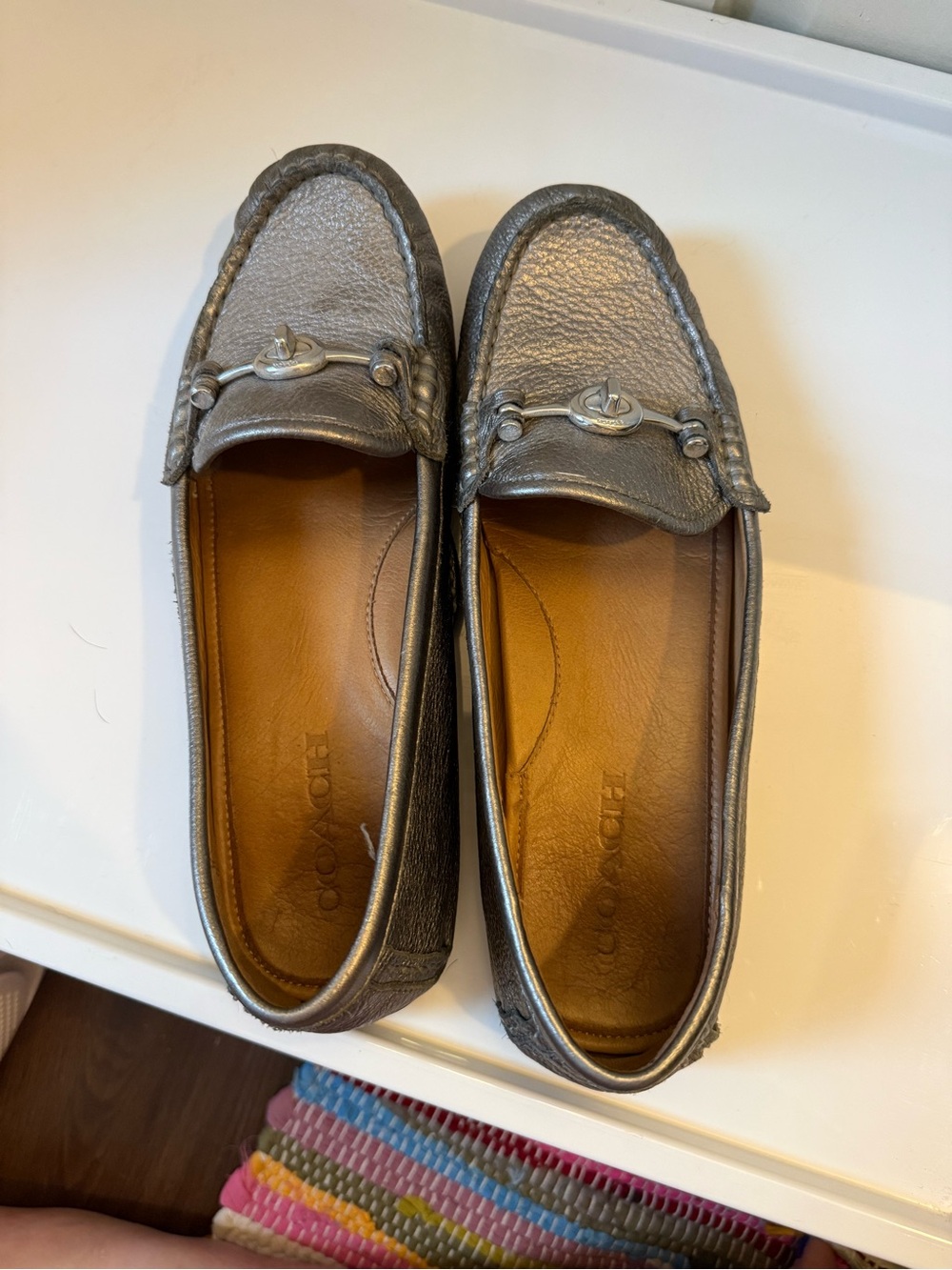 Coach Metallic Silver Leather Driving Loafers